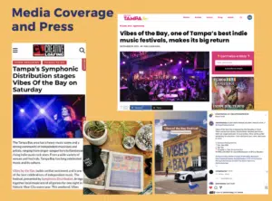 Collage of media coverage for the "Vibes of the Bay" festival, featuring articles, social media posts, and event images with musical performances and merchandise displays.